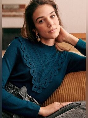 Sézane Charlene Jumper 100% Wool Cerulean Blue Lace Knit Sweater XS